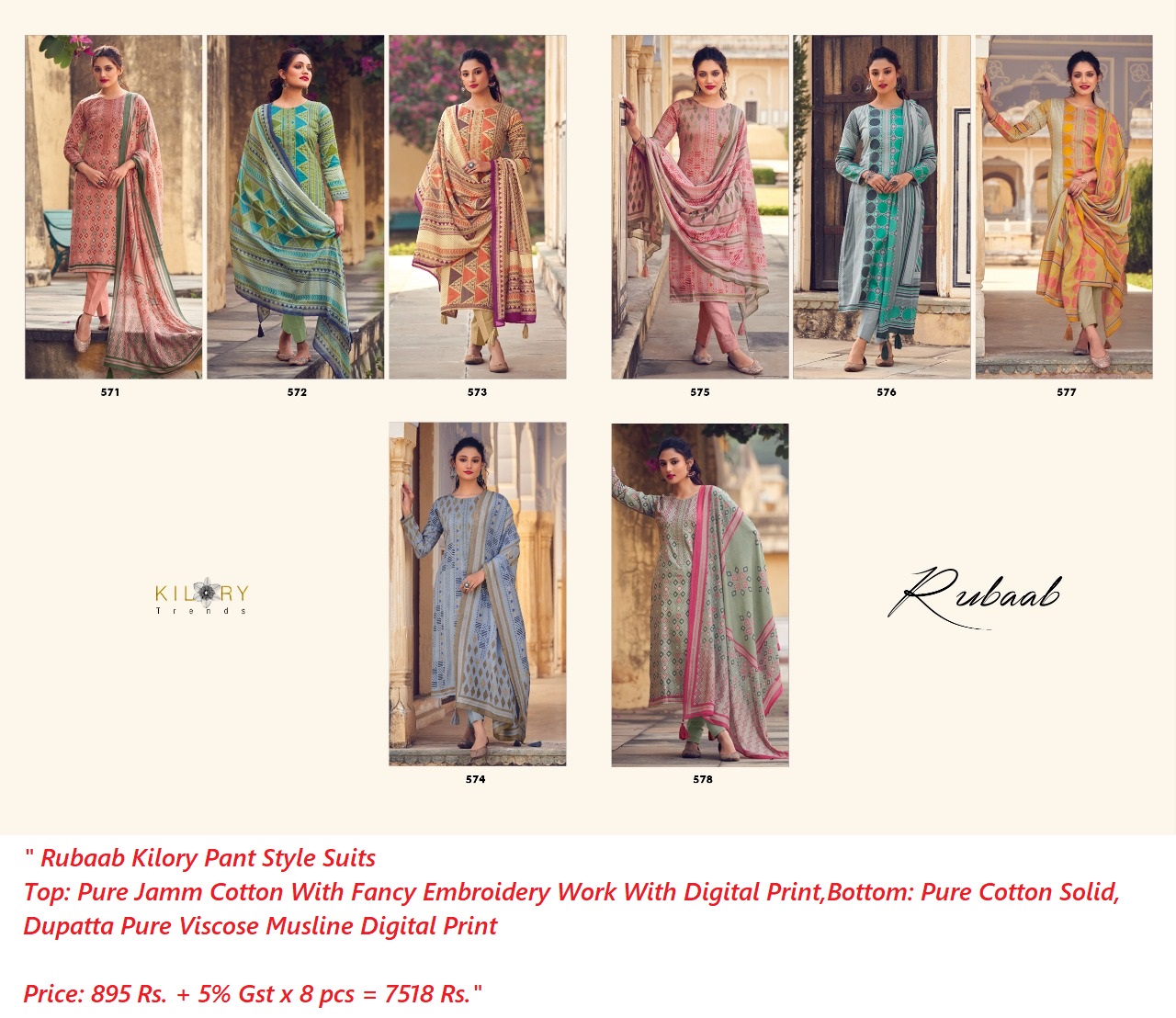 Buy Jaam Satin Digital Print Rubaab Kilory Pant Style Suits 